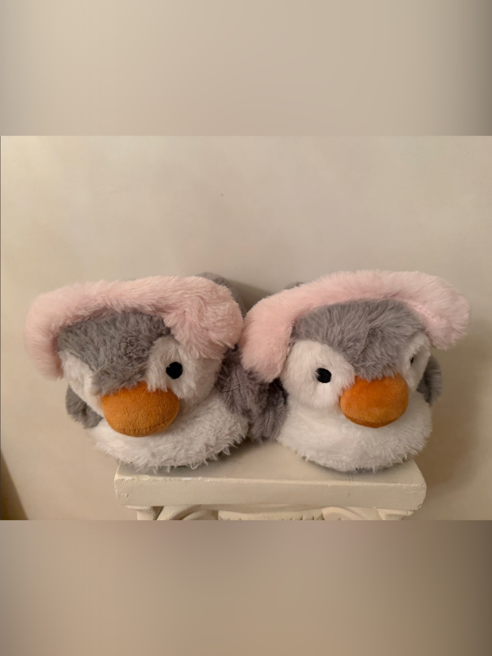 Plush Penguin Slippers with Pink Trim